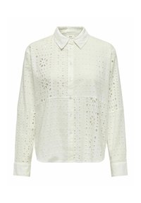 Cămașă albă cu nasturi, având un design detaliat de broderie cu model floral și decupaje, mâneci lungi și un guler clasic.