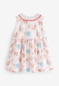 Vestito in cotone rosa chiaro con design svasato, caratterizzato da una stampa di animali da fattoria e un colletto bordato di rosso con motivo a pois.