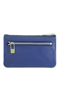 Borsa in pelle blu con una texture liscia, dotata di una cerniera orizzontale e un tirazip in argento. Design compatto adatto per oggetti di piccole dimensioni.