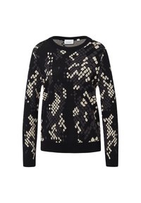 Schwarzer Pullover mit einem strukturierten, unregelmäßigen Muster in Creme- und Grautönen. Mit rundem Halsausschnitt und langen Ärmeln.