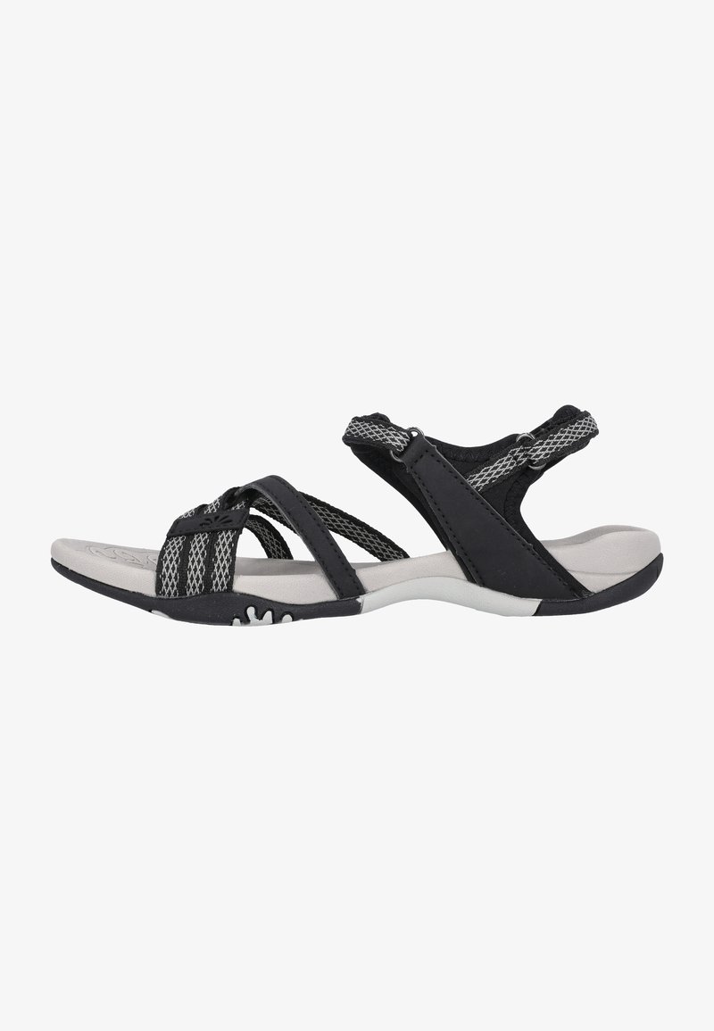 Zwarte sandalen met mesh bandjes en een gewatteerde voetbed. Beschikt over een crossover-ontwerp, verstelbare sluitingen en een gestructureerde rubberen zool.