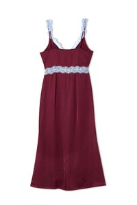Burgundy satin nightgown with light blue lace accents on straps and waist; smooth texture, knee-length, adjustable spaghetti straps.