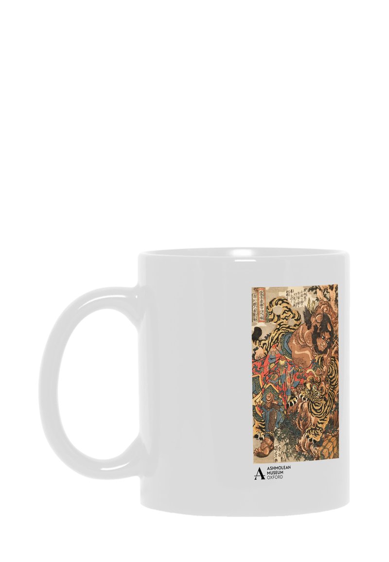Tazza in ceramica bianca con un'illustrazione colorata di tigri e una figura in abbigliamento tradizionale. Il design è dettagliato con motivi intricati.