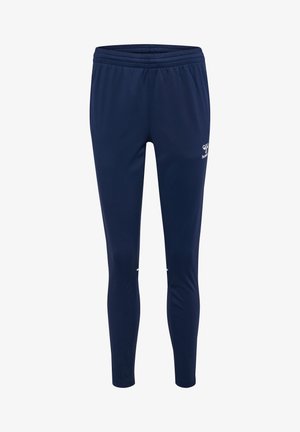 Mörkblå slimmade träningsbyxor med elastisk midjeresår och litet vitt varumärkeslogo på övre vänstra låret.