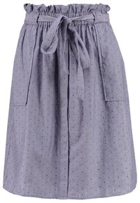 Raidallinen hame, jossa on kootut elastiset vyötärönauhat ja irrotettava nauha. Siinä on kaksi sivutaskua ja kevyt kangas, jossa on hienovaraisia kuvioita.