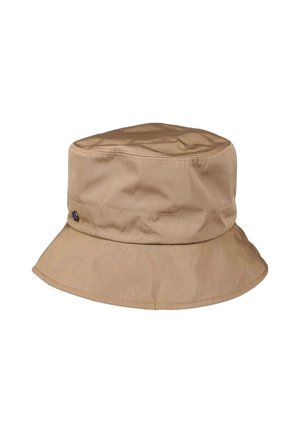 Tan bucket hat, made from soft fabric, features a flat top, wide brim, and a subtle logo detail on the side for added interest.