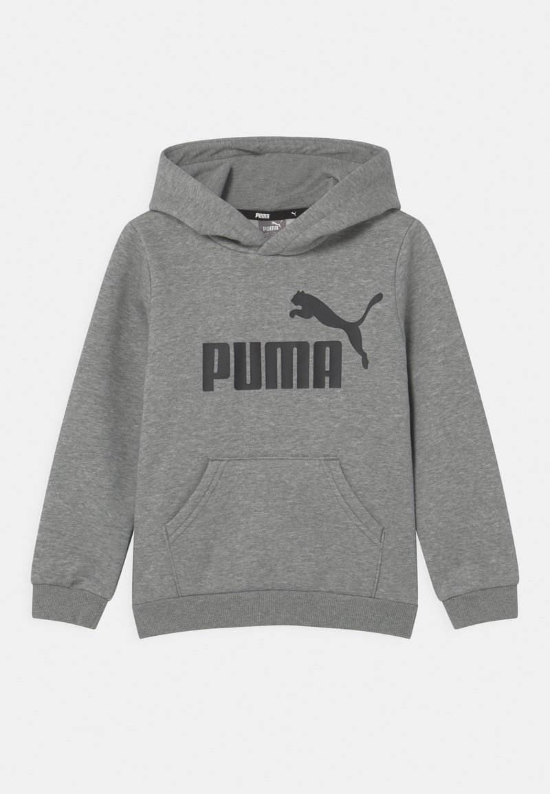 Felpa grigia realizzata in morbido tessuto, con tasca a marsupio, polsini a costine e un grande logo e silhouette nera di PUMA sulla parte anteriore.