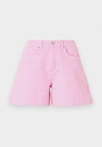 Rosa og hvite stripete shorts med knapp og glidelås, har frontlommer og en avslappet passform. Laget av bomull, glatt tekstur.