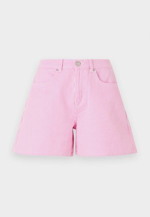 Pink and white striped shorts with a button and zipper closure, featuring front pockets and a relaxed fit. Cotton fabric, smooth texture.