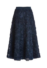 Jupe trapèze bleu marine avec motifs de roses texturés et fermeture éclair cachée dans le dos.