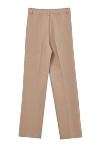 Pantalons beige ajustés avec une coupe droite, dotés de deux plis à l'avant et d'une finition lisse. Fabriqués en tissu léger.