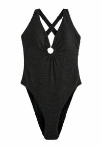 Maillot de bain noir une pièce avec texture côtelée, décolleté en V profond, bretelles croisées et détail en forme de cercle au centre devant.