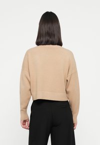 Pull beige raccourci avec un ourlet et des poignets côtelés, dotée d'un col rond et d'épaules tombantes, assorti à un pantalon noir.