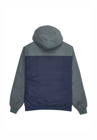 Giacca con cappuccio dal design bicolore; parte superiore in grigio chiaro, parte inferiore in blu navy scuro. Presenta polsini e vita elastici, texture liscia.