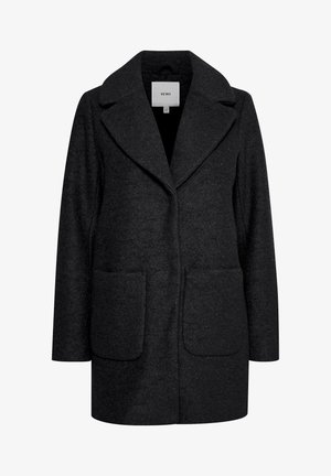 Cappotto in misto lana nero con colletto a lancia, due tasche anteriori e silhouette dritta. Progettato con una finitura morbida e texture.