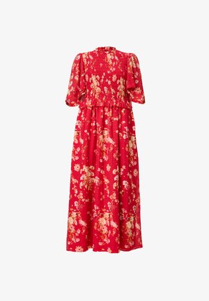 Rotes Blumenkleid Maxi mit kurzen, rüschierten Ärmeln, einem gerafften Oberteil und einem fließenden Rock aus strukturiertem Stoff mit bunten Blumenmustern.