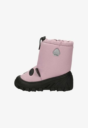 Helle rosa Stoffstiefel mit schwarzer Gummisohle, runder Spitze und strukturierten Akzenten. Verfügt über einen elastischen oberen Rand und dekorative schwarze Ausschnitte.