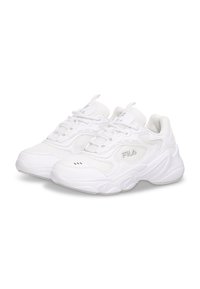 Pantofi atletici albi din material textil și sintetic, cu formă rotunjită, accente texturate și detalii cu logo pe lateral și pe limbă.