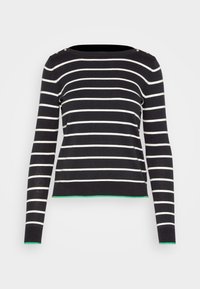 Gestreifter Pullover in Marineblau und Creme, mit langen Ärmeln, einem Bootsausschnitt und grünen Akzenten am Saum und an den Bündchen. Goldene Knopfdetails auf den Schultern.