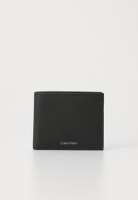 Portefeuille bifold en cuir noir texturé avec le logo "Calvin Klein" embossé en argent au centre avant.
