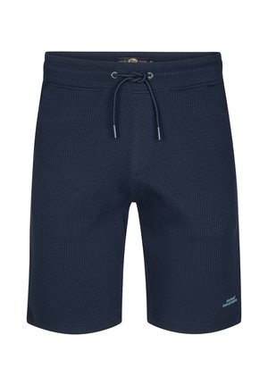 Marineblaue Badeshorts aus strukturiertem Stoff, mit einem elastischen Bund mit Kordelzug und einem kleinen Logo auf der unteren linken Seite.
