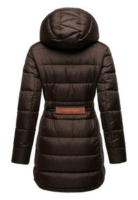 Brown puffer coat with a hood, featuring horizontal quilted sections, a cinched waist with a belt, and a large branded patch at the back.