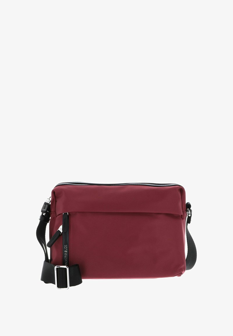 Borsa crossbody bordeaux in nylon, con chiusura a zip, tracolla regolabile e tasca frontale con zip e dettagli in metallo argentato.