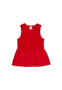 Rotes ärmelloses Kleid mit einem taillierten Oberteil und einem ausladenden Rock. Hergestellt aus weichem Stoff, mit einem gerafften Bund und glatter Textur.