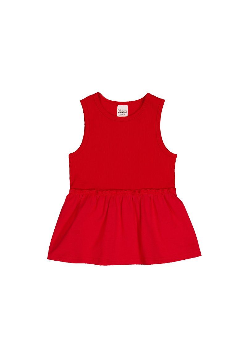 Rotes ärmelloses Kleid mit einem taillierten Oberteil und einem ausladenden Rock. Hergestellt aus weichem Stoff, mit einem gerafften Bund und glatter Textur.