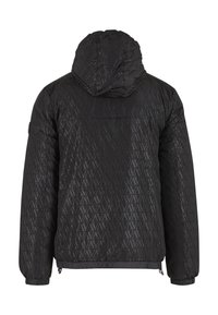 Czarna pikowana kurtka z kapturem, z geometrycznym wzorem, elastycznymi mankietami i prostym dołem. Zamek błyskawiczny po bokach.