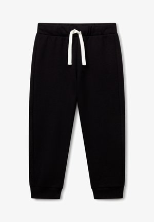 Pantaloni da allenamento neri in cotone con chiusura a cordoncino, orli elastici e tasche laterali. Texture morbida e design semplice.