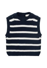 Top senza maniche in maglia blu navy con strisce orizzontali bianche, scollatura a girocollo e tessuto testurizzato con dettagli in maglia aperta.