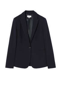 Námořnický blazer vyrobený z hladké látky, s klopami, jedním knoflíkem, dvěma předními kapsami a úzkým střihem.