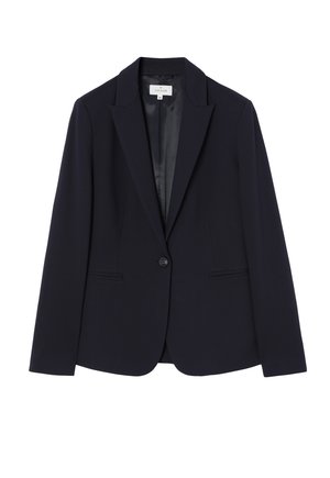 Námořnický blazer vyrobený z hladké látky, s klopami, jedním knoflíkem, dvěma předními kapsami a úzkým střihem.