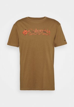 Braunes T-Shirt mit kurzen Ärmeln und Rundhalsausschnitt mit orangefarbenem "Columbia Sportswear Company" Logo auf der Brust.