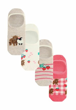 Vier Paar unsichtbare Socken in Beige, Weiß und Pink mit Erdbeer- und Tiermustern, in einer versetzten Linie angeordnet.