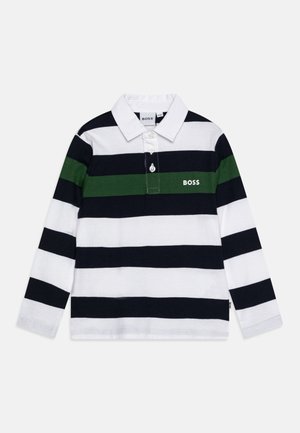 Koszula polo z długim rękawem w paski w kolorach białym, granatowym i zielonym. Posiada kołnierz, zapięcie na guziki oraz logo na piersi.