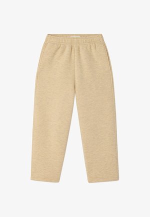 Pantalones de chándal de algodón en color beige con cintura elástica, corte holgado, bolsillos laterales y puños acanalados en los tobillos. Tejido suave y texturizado.