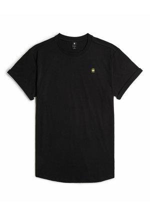 Black cotton T-shirt with short sleeves, rounded neckline, curved hem, and small green logo on the left chest area.