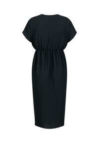 Black midi dress with short sleeves and elastic waist. Made from textured fabric, featuring a relaxed fit and simple design.