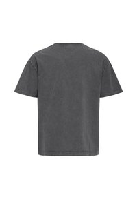 T-shirt en coton gris foncé uni à manches courtes, vu de dos, avec un col rond et des coutures visibles sur les coutures et l’ourlet.