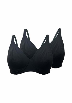 Due reggiseni wireless neri con coppe a copertura totale e spalline regolabili su sfondo bianco.
