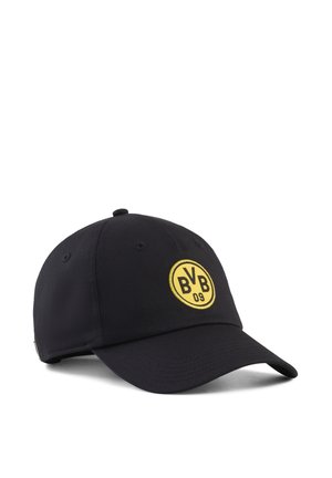Czarna czapka baseballowa z zakrzywionym daszkiem, z okrągłym żółtym emblem na przednim panelu z literami BVB i numerem 09.