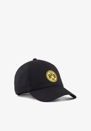 Cappellino da baseball nero con visiera curva, caratterizzato da un emblema giallo rotondo con le lettere BVB e il numero 09 sul pannello frontale.