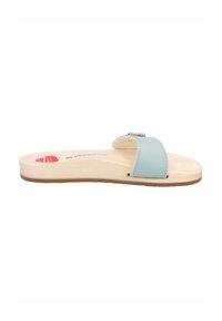 Slide sandal with a light blue leather strap, wooden footbed, and rubber sole. Features a buckle detail on the strap for adjustment.