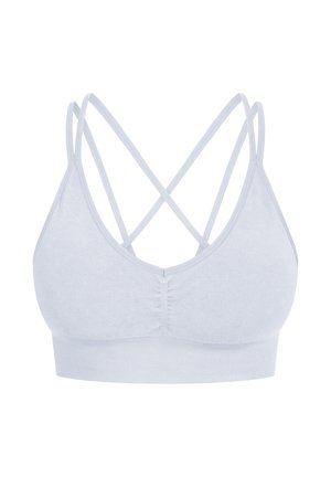 Light blue bralette with a smooth fabric, V-neck design, and crisscross back straps. Features a wide band for support.