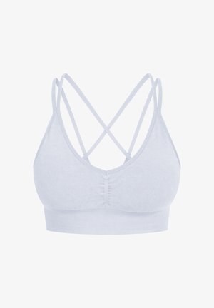 Light blue bralette with a smooth fabric, V-neck design, and crisscross back straps. Features a wide band for support.