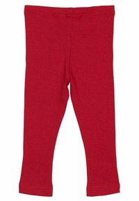Leggings rojos hechos de tela acanalada, que presentan un diseño ajustado y una cinturilla elástica. Los dobladillos son ligeramente acampanados en el tobillo.