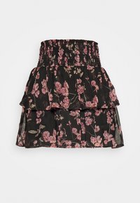 Svart blommig kjol med smockad midja, med volanglager och rosa blommönster. Tillverkad av lätt, flödande tyg.