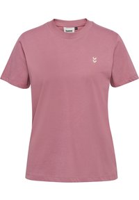 Rosa Baumwoll-T-Shirt mit lockerer Passform, kurzen Ärmeln, rundem Ausschnitt und einem kleinen weißen Logo auf der linken Brustseite.